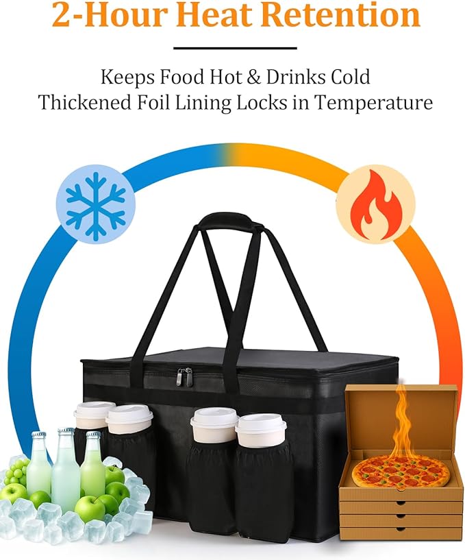 Bodaon Insulated Grocery Bags with 4 Cup Holders -Insulated Bags for Food Delivery with Zippered Top, Food Carrier for Catering, Pizza Bag and Cooler Bag for Takeout, Picnic, Shopping, Car Use