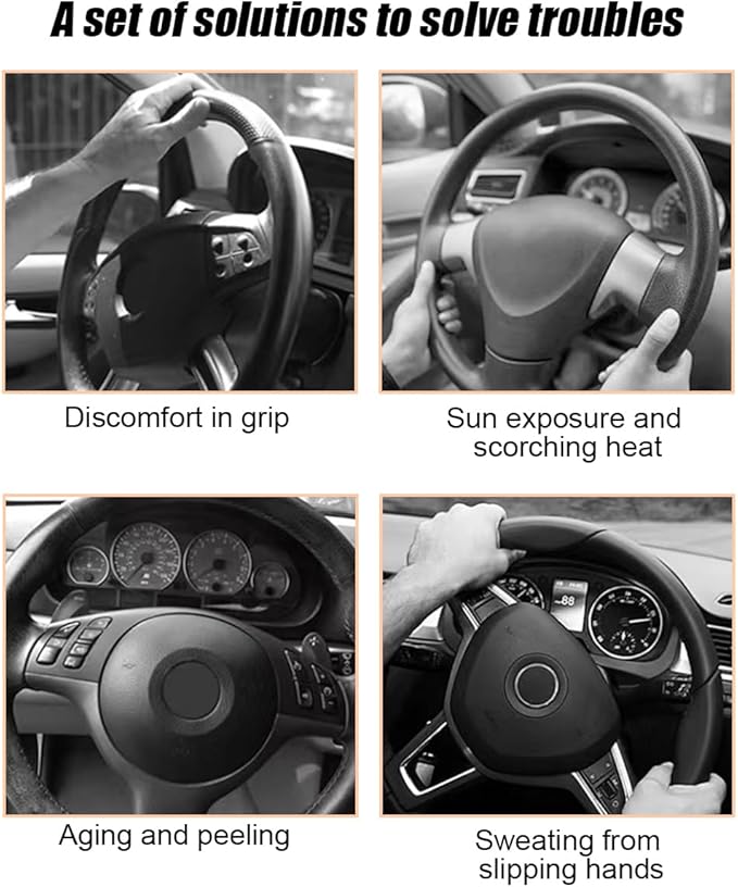 Car Steering Wheel Cover, 15 Inch Leather Anti-Slip Breathable Vehicle Steering Wheel Protecter with Comfortable Feel, Automotive Interior Accessories, Universal for SUV Sedan Truck (Black)