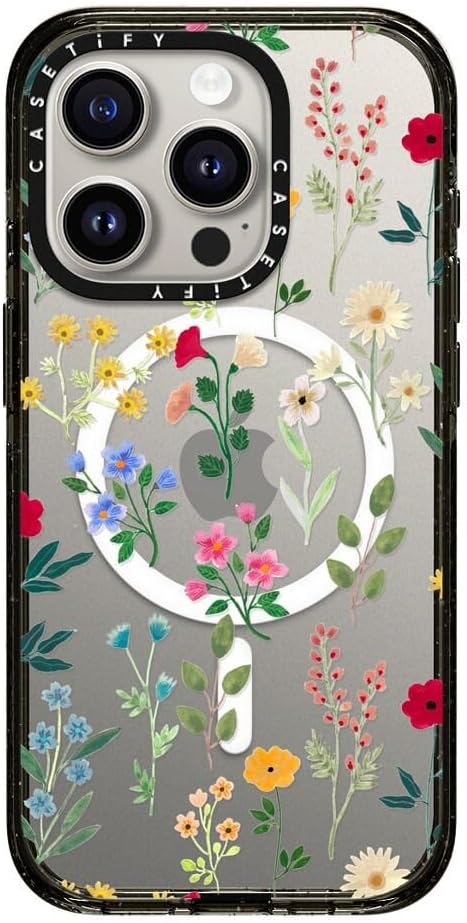 CASETiFY Impact Case for iPhone 15 Pro [4X Military Grade Drop Tested / 8.2ft Drop Protection/Compatible with Magsafe] - Spring Botanicals 2 - Clear Black