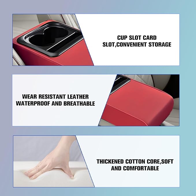 Car Center Console Armrest Pillow, Vehicle Armrest Seat Box Cushion Pad with Cup Holder & Phone Holder, Comfortable Auto Middle Console Cover, Universal for SUV RV Truck (Wine Red)