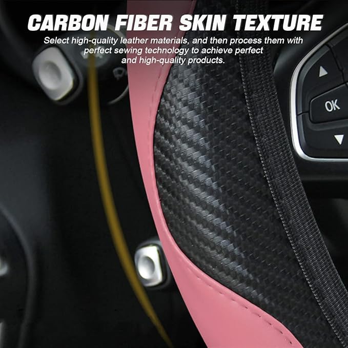 Car Steering Wheel Cover, Microfiber PU Leather Elastic Carbon Fiber Auto Steering Wheel Protector, 15 Inch Breathable Anti-Slip for Women Men, Car Interior Accessories for Most Cars (Black/Pink)