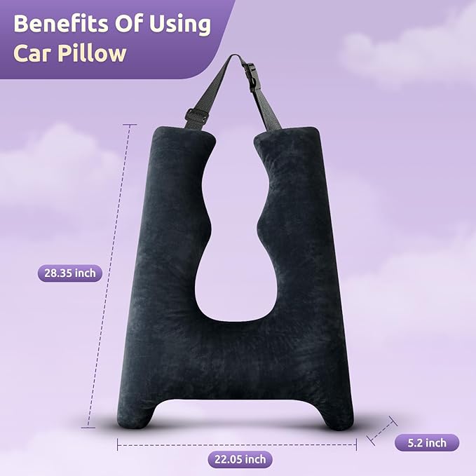 Car Pillow for Kids Travel Pillow with Adjustable Strap,Children Neck Pillow for Car Headrest to Support Head and Body Road Trip Essentials (Dark Black)