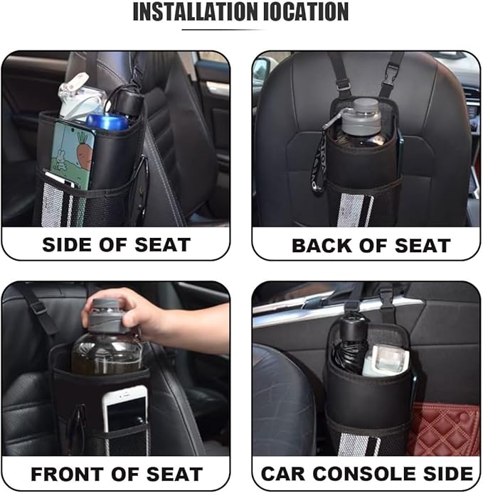 2-in-1 Large Cup Holder, 80 oz Multifunctional Car Seat Side Organizer, Hanging Water Bottle Holder Bag, Car Stuff Holder with Mesh Pocket for Phone & Drink, Suitable for Car SUV Truck (1 PC)