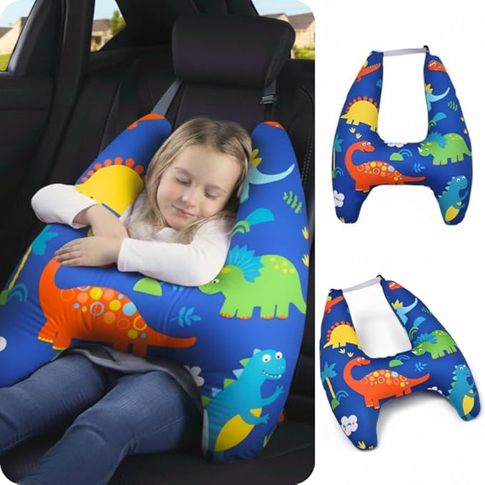 Travel Pillow Car Cushion for Kids 6 Years Old+ Shoulder Neck Back Support & Seat Belt Comfort, Road Trip Cozy Sleeping Gift for Young Travelers, Parents, Families, Baby Shower (Dinosaur Blue)