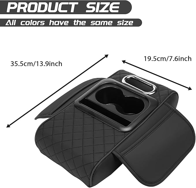 Car Armrest Cushion, 5 in 1 Center Console Cover with 2 Cup Holders, Phone Holder, Tissue Holder, Storage Bag, Multifunctional Leather Heightened Car Armrest Cushion for Most Cars（Black