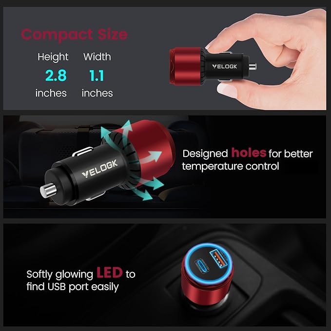 VELOGK Super Fast Type C Car Charger [73W Turbo], Fast Adaptive 55W 45W PPS/PD&QC3.0 USB C Car Adapter[Super Fast Charging 2.0]for Samsung S26/S25 Ultra/S24 Ultra/S23 Ultra/S22+/S21/S20, iPad Pro(Red)