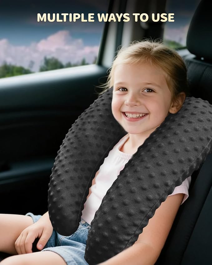 Memory Foam Kids Travel Pillow, Car Pillow for Kids, H-Shape Car Pillows for Sleeping, Removable Pillowcase, Adjustable, Velvet Dots, Black