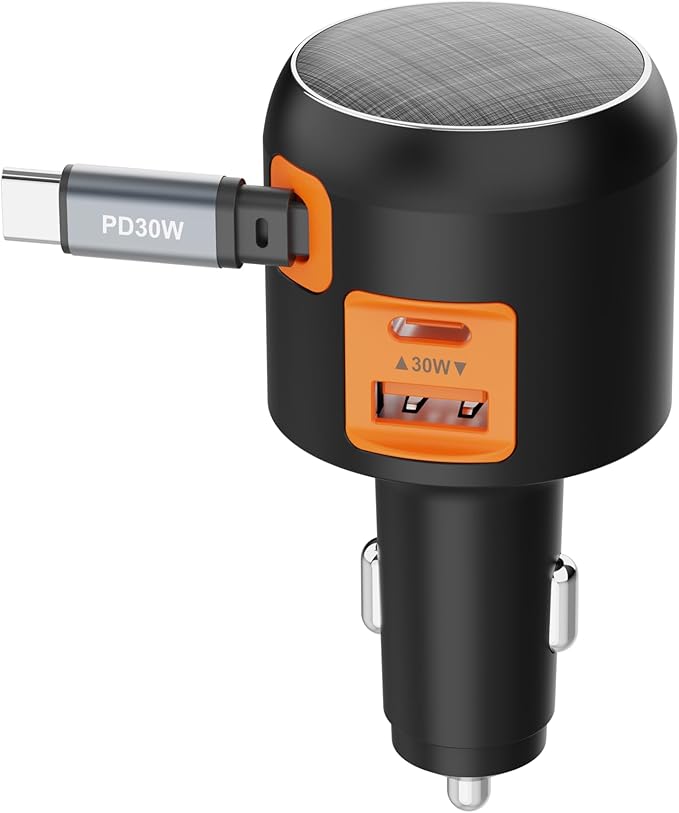 60W Retractable Car Charger, 3-in-1 USB-C Fast Charging Cigarette Lighter Adapter with Built-in Retractable Cable, Compatible with iPhone 16/15 Pro Max, Galaxy S25, iPad – Orange