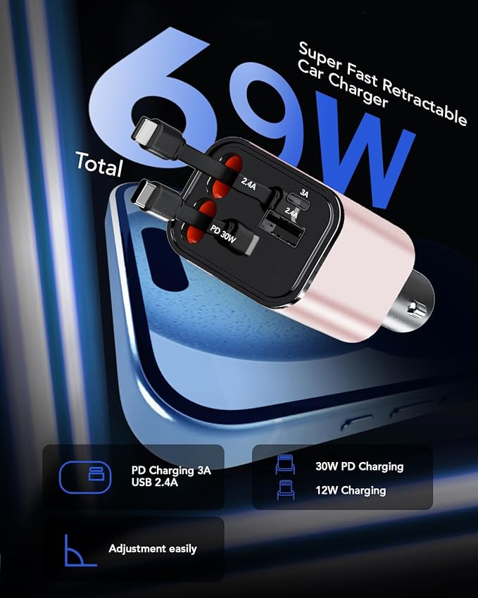 Retractable Car Charger Adapter for iPhone 17,4 in 1 Fast Charging Car Phone Charger,69W USB C Car Truck Accessories,Road Trip Essentials Gift for Men Women for iPhone 17 Pro Max/16/15/14/13/12,Galaxy
