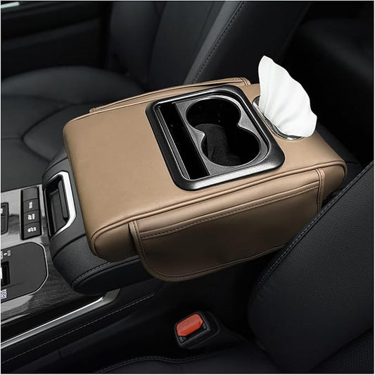 Car Center Console Armrest Pillow, Multifunctional Armrest Box Cover with Cup Phone Tissue Holder & Side Pockets, Waterproof Leather Middle Console Cushion for Most Vehicles (Beige, Normal)