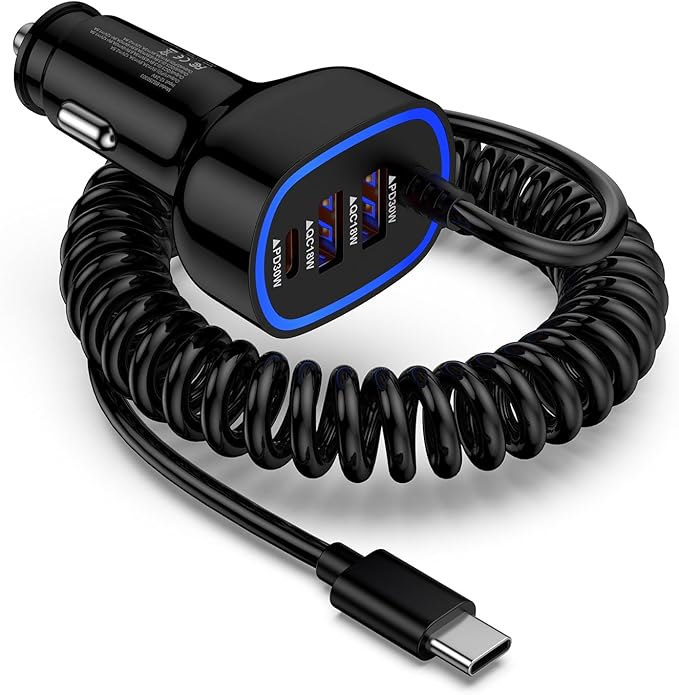 60W Type C Super Fast Samsung Car Charger for Galaxy S26/S25 Ultra/A17/Z Flip7/Fold7/A56/A16 iPhone 17 16e 16 Pro Max Pixel 10A, 4-Port USB C & USB A Car Phone Charger Adapter+4FT Type C Coiled Cable