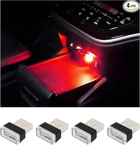 Augeny 4 PCS USB LED Car Interior Atmosphere Lamp, Plug-in USB Decor Night Light, Portable Auto Ambient Lighting Kit, Universal Vehicle Interior Accessories for Most Cars (Red)