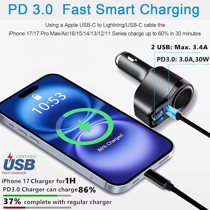 4 in 1 USB C Car Charger, 168W Multi USB Cigarette Lighter Adapter, Socket Splitter with 3 USB Ports, 12V/24V Dual USB Type C PD Fast Car Charger Adapter for iPhone 17/Air/16/15 Pro Max iPad GPS