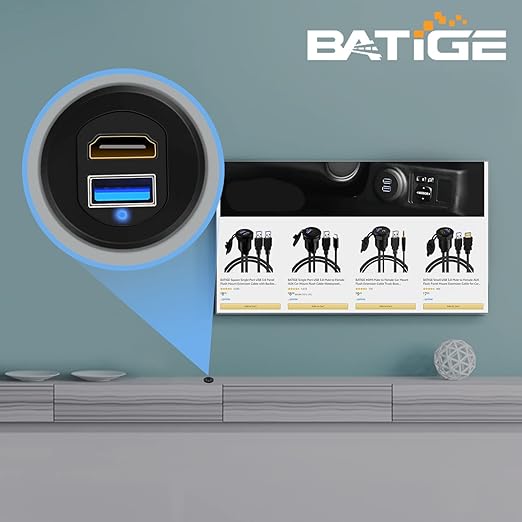 BATIGE USB 3.0 HDMI Car Mount Flush USB Port Cable, Alloy Shell HDMI USB3.0 Dash Panel Extension Cable with LED Indicator for Car Boat Motorcycle -3ft
