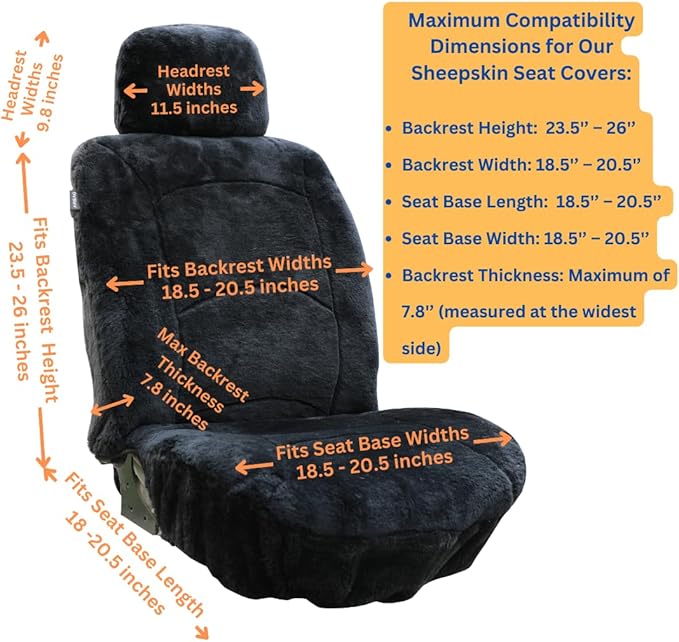 Genuine Sheepskin Seat Cover Lambskin Seat Cover Winter Car Seat Cover Lambs Wool Sheep Skin Fuzzy Shearling Car Accessories Front Bucket with Curve Patten (Black)
