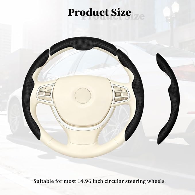 3PCS Car Steering Wheel Cover, Nappa Leather Breathable Non-Slip Segmented Steering Wheel Protector, Snap-on Auto Interior Decoration Accessories, Universal Fit (Black)