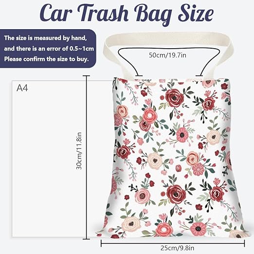 Rose Floral Print Car Trash Bag Hanging Garbage Bag with Snap Buttons Car-Back Seat Trash Storage Portable Dustbin for Car Interior Accessories Travel Camping