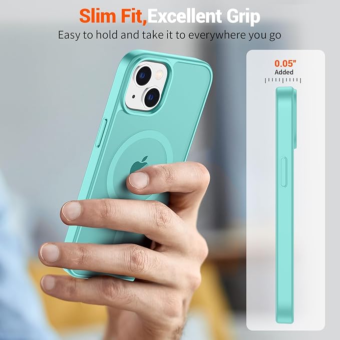 SUPFINE Magnetic for iPhone 15 Case (Compatible with MagSafe) (Military Grade Drop Protection) Slim Translucent Matte Shockproof with Anti-Fingerprint Phone Case, Blue Green