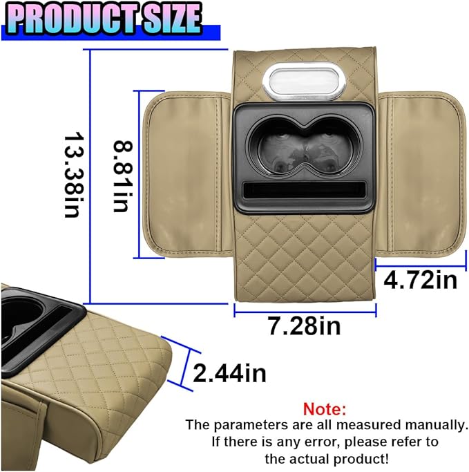 Leather Car Center Console Cover, Universal Automotive Armrest Booster Cushion, Vehicle Middle Console Organizer with 2 Cup Holders, Side Storage Bag, Tissue Box & Phone Slot(Beige)