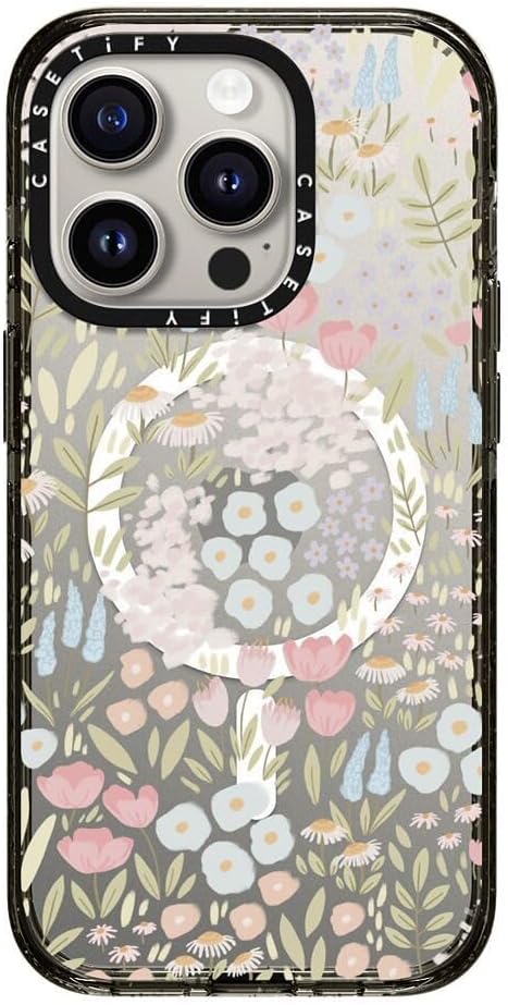 CASETiFY Impact iPhone 15 Pro Case [4X Military Grade Drop Tested / 8.2ft Drop Protection/Compatible with Magsafe] - Flower Prints - Eleanor - Clear Black