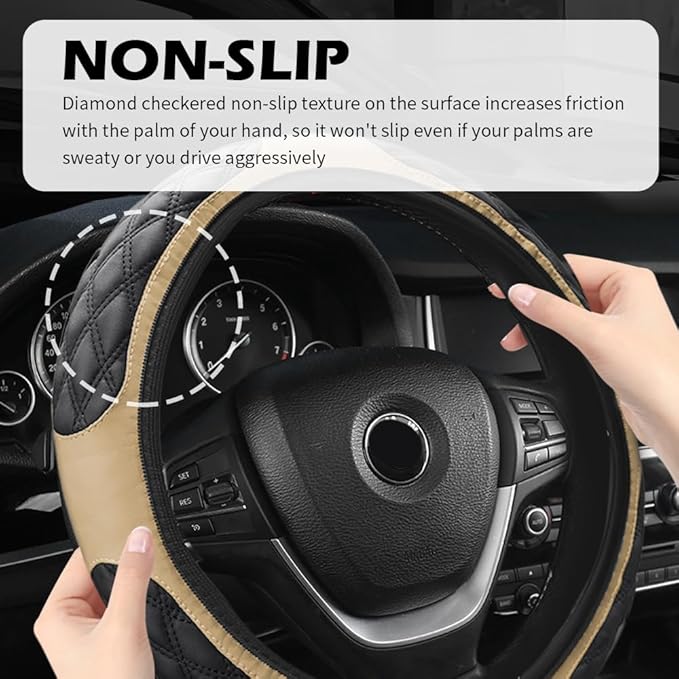 15 Inch Car Steering Wheel Covers with Double Colors,Non-Slip Leather Steering Wheel Cover for Protecting Steerings Wheels,Universal Cars Decorations Car Wheels Cover (Beige)