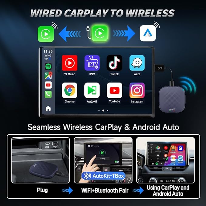 CarlinKit CarPlay Ai Box Magic Box Android 13.0 System Wireless CarPlay Adapter Android Auto Support Netflix YouTube Google GPS+Glonass 4GNetwork.for iPhone & Android Phone,Wired to Wireless,8GB+128GB
