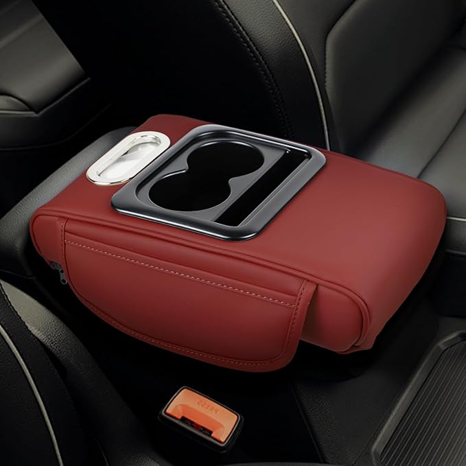 wuyaoyao Car Center Console Cover, 13.39"×8.27"×3.15" Leather Car Armrest Cover with Pocket & Tissue Box & Cup Holder, Multifunctional Auto Armrest Cushion Pad, Universal Car Accessories (Wine Red)