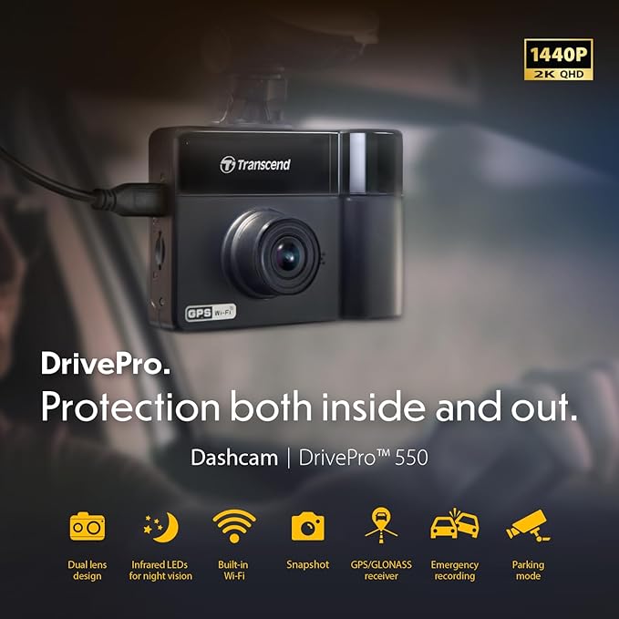 Transcend DrivePro Dash Cam Front and Rear, 2K QHD 1440P+1080P Full HD Car Cam/140°Wide-Angle/180°Rotatable Rear Lens/Night Vision Loop Recording/Head-Up Display/Wi-Fi/GPS GLONASS/ADAS/Support 1TB Max