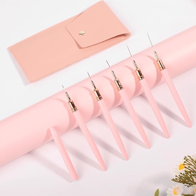 5PCS Nail Art Brushes Set with Pink Leather Case，【Metallic Material】 【Various Size】 【Light Weight】Nail Brush， Nail Brushes for Nail Art，Size：5mm,8mm,12mm,20mm,25mm, Pink