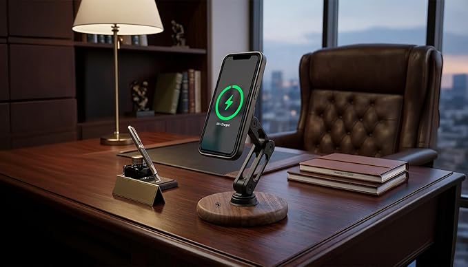 ClikDock Cell Phone Magnetic Wireless Charger Stand, 360° Spin, Aluminum Construction, Compatible with MagSafe Phones for iPhone & Andriod (Walnut Wood)