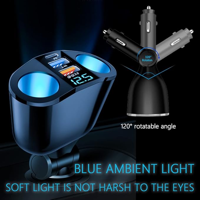 5 Port Cigarette Lighter Splitter,QC3.0&PD 20W Super Fast Car Charger with Dual Cigarette Lighter Plug with LED Voltmeter Compatible with iPhone 15 Pro iPad Dash Cam GPS (PD+QC+2.4A) 2Pcs