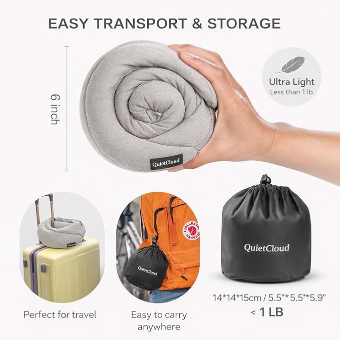 Travel Neck Pillow Hooded Memory Foam 360° Head & Chin Support, Lightweight Breathable Adjustable Fit Travel Neck Pillow with Eye Mask, Earplugs & Carry Bag for Airplanes, Car, Bus, Train & Long Trips
