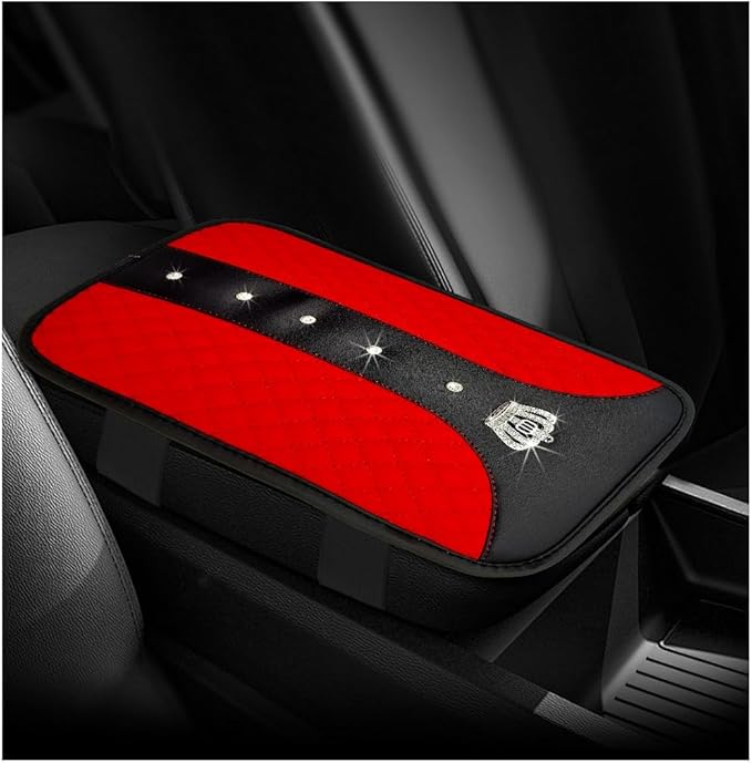 Bling Leather Car Center Console Cover, Anti-Slip Crown Armrest Seat Box Cushion Pad with Rhinestones, Waterproof Crystal Arm Rest Protector Interior Decor for Most Vehicles (Red)