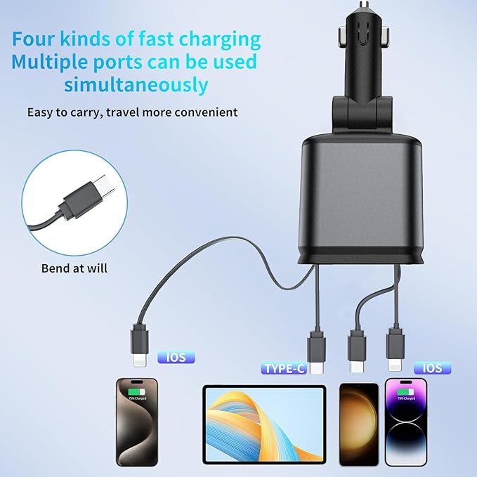 Starlight Retractable Car Charger Adapter for iPhone 17,4 in 1 Fast Charging Car Phone Charger,69W USB C Car Truck Accessories,Road Trip Essentials Gift for Men Women for iPhone 17/16/15/14/13,Galaxy
