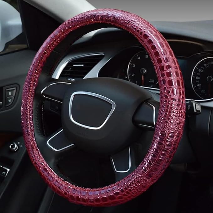 Premium Leather Steering Wheel Cover with Air Holes – Non-Slip Rubber Grip, Universal Fit for Cars (Burgundy)