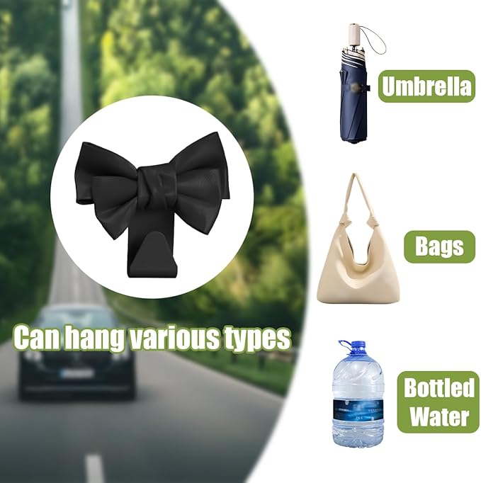 Car Headrest Hooks, 2PCS Cute Bow Vehicle Back Seat Hanger for Purses Bags, Automotive Interior Backseat Storage Hanging Organizer Decor Accessories, Universal for SUV, Sedan, Truck (Black)