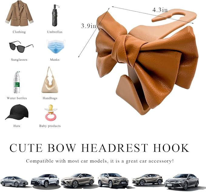2PCS Purse Holder for Car Hooks, Cute Bow Car Seat Headrest Hooks Handbag Hanger, Bow Knot Auto Back Seat Organizer Storage Hook for Purse Bags Umbrellas, Car Accessories (Brown)