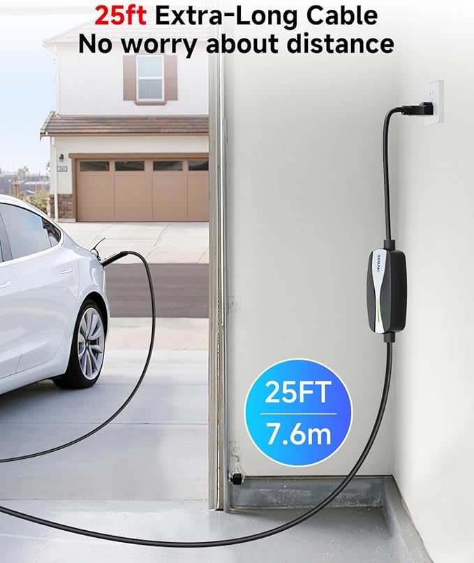 SEGUMA Level 1/2 Tesla Charger, 12A/16A, 25ft Extension Cable, Dual Voltage 240V NEMA 6-20 Plug & 120V NEMA 5-15 Adapter, NACS Connector, Portable Home Electric Car EV Charger for Tesla Models Y/X/3/S
