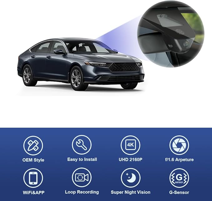 Fitcamx 4K Dash Cam Suitable for Honda Accord 2023 2024 2025 Hybrid LX Sport EX Touring EX-L (Gen11), OEM Look, 2160P UHD Video, Built-in WiFi & APP, Loop Recording, G-Sensor, Plug & Play, 64GB Card