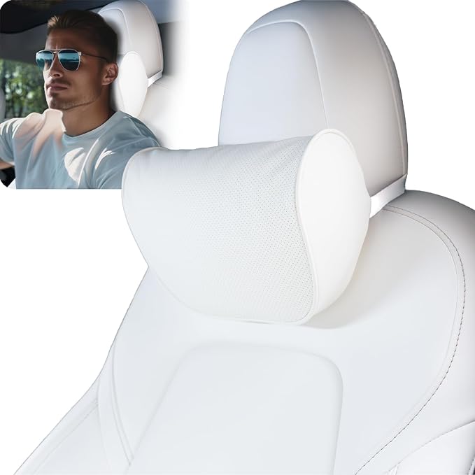 HOPON 2025 Upgrade Headrest Pillow for Tesla Model 3 Model Y with Adjustable Strap,Fits All Vehicles,Car Neck Pillow with Leather,for Head,Neck,Shoulders,Multipurpose,Car Accessories 1 Pack (White)