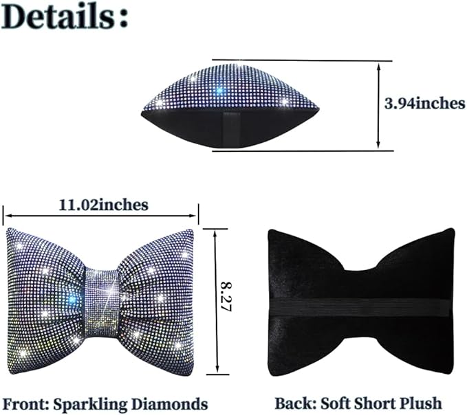 Bling Car Neck Pillow with Bow Tie Rainbow Crystal Rhinestone Diamond Automotive Accessories for Ladies and Woman Girls Driving Comfort Auto Seat Pillow for Driver Colorful 2Pcs