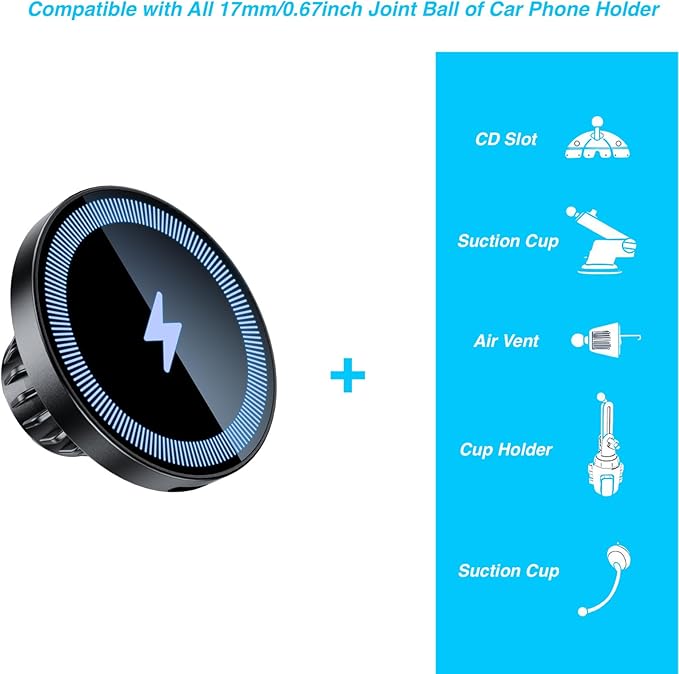 Magnetic Wireless Charging Phone Holder with 17mm Ball Socket for MagSafe, Magnetic Ball Mount Adapter Fits 17mm/0.67inch Ball Joint Car Phone Holder for iPhone 17/16/15/14/13/12 Series