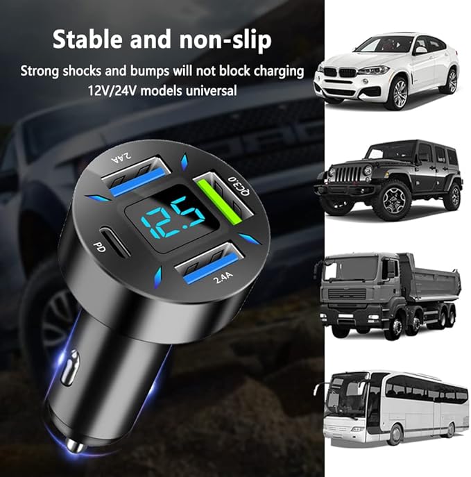 4 Ports USB Car Charger USB Adapter with Voltmeter,Type C Port PD 3.1/QC 3.0 Super Fast Charging Car Cigarette Lighter Plug for iPhone 14 13 12,S22 S21 S20,iPad Pro& More Mobil Phone (Black)