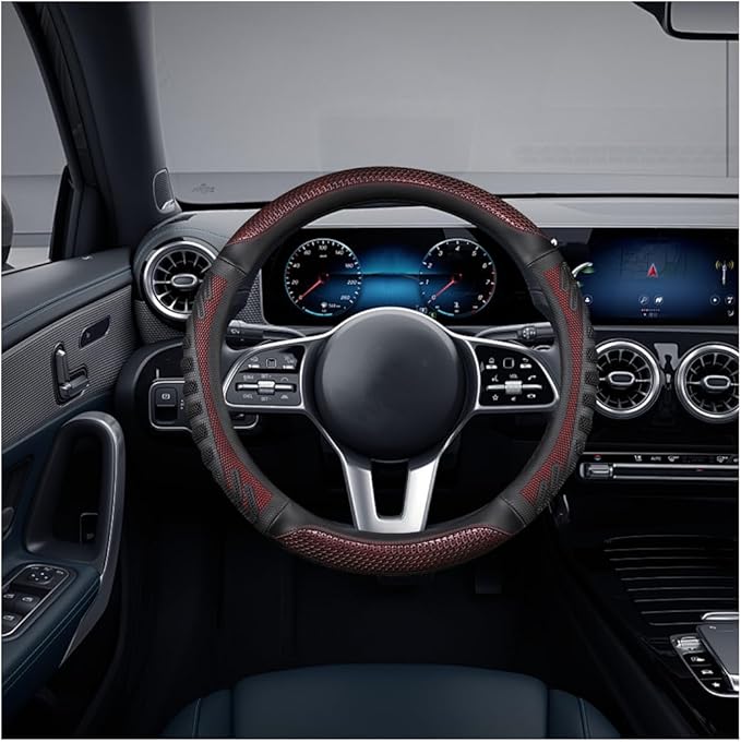 Car Steering Wheel Cover, Anti-Slip Leather Breathable Comfortable Automotive Steering Wheel Cover Protector Decoration for Men and Women, 15 Inch Universal for SUV, Truck, RV（Wine Red）