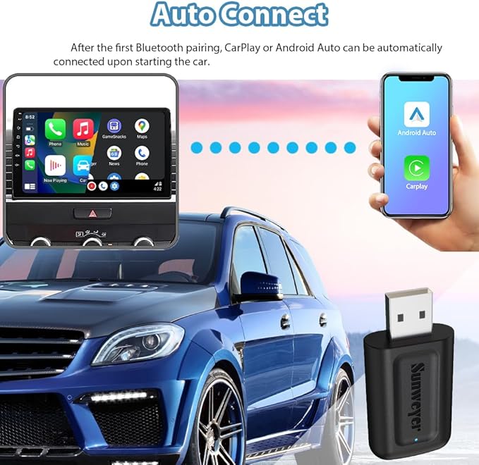 Sunweyer Wireless CarPlay & Android Auto Adapter 2 in 1 Auto Connect Box, Supports Online Updates Wired to Wireless for Cars Have Wired Carplay