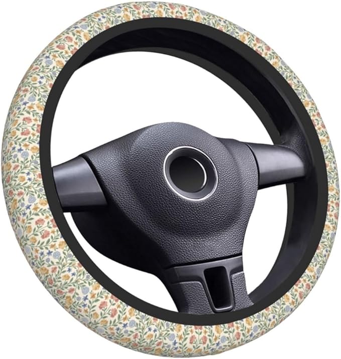Elastic Steering Wheel Cover Car Accessories Cute Universal 15 Inch Absorbing Sweat Non-Slip Breathable for Woman - Green Floral