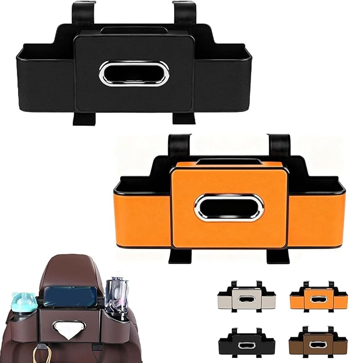 Car Organizers and Storage Box Behind Seat, Car Organizer Back of Seat, 4 in 1 Multifunctional Cars Organizer, For Snacks, Drinks, Bag Hook, Keep Tidy & Organized (Orange+Black)