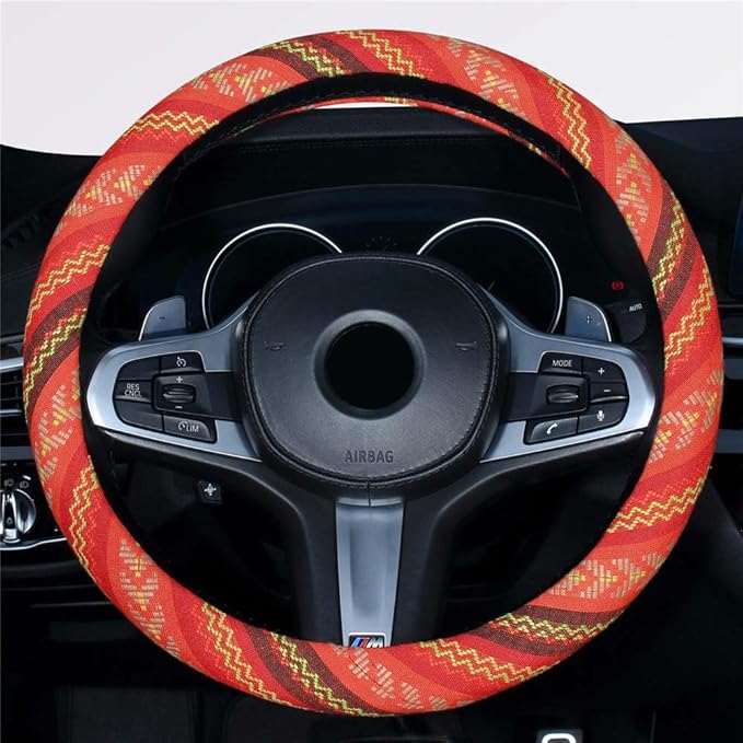 Ethnic Style Coarse Flax Cloth Automotive Steering Wheel Cover Anti Slip and Sweat Absorption Auto Car Wrap Cover (J, 14.5''-15'')