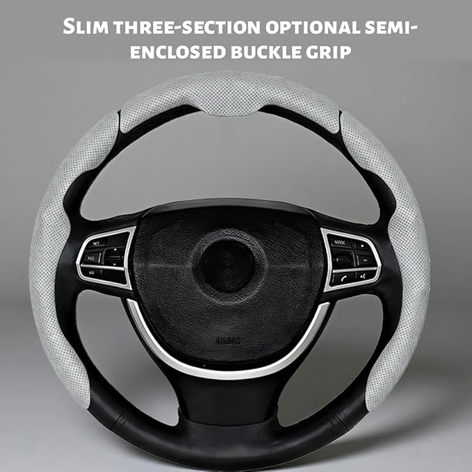 Car Steering Wheel Cover, Nappa Leather 15 Inch Snap-On 3PCS Set Vehicle Steer Wheel Wrap Protector, Non-Slip Automotive Interior Protection Accessories, Universal Fit (Gray)