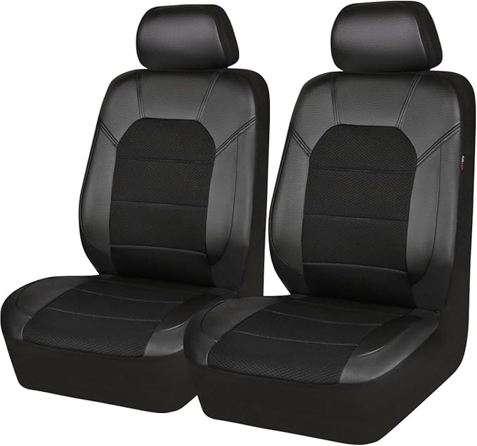 CAR PASS Universal Leather Two Front Seat Covers,Sport seat Covers fits Most Cars, SUVs, Trucks, and Vans Airbag Compatible (Black and Black)